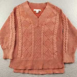 Altar'd State Sweater V Neck Cable Knit Burnt Orange Cotton Fisherman Women's XS